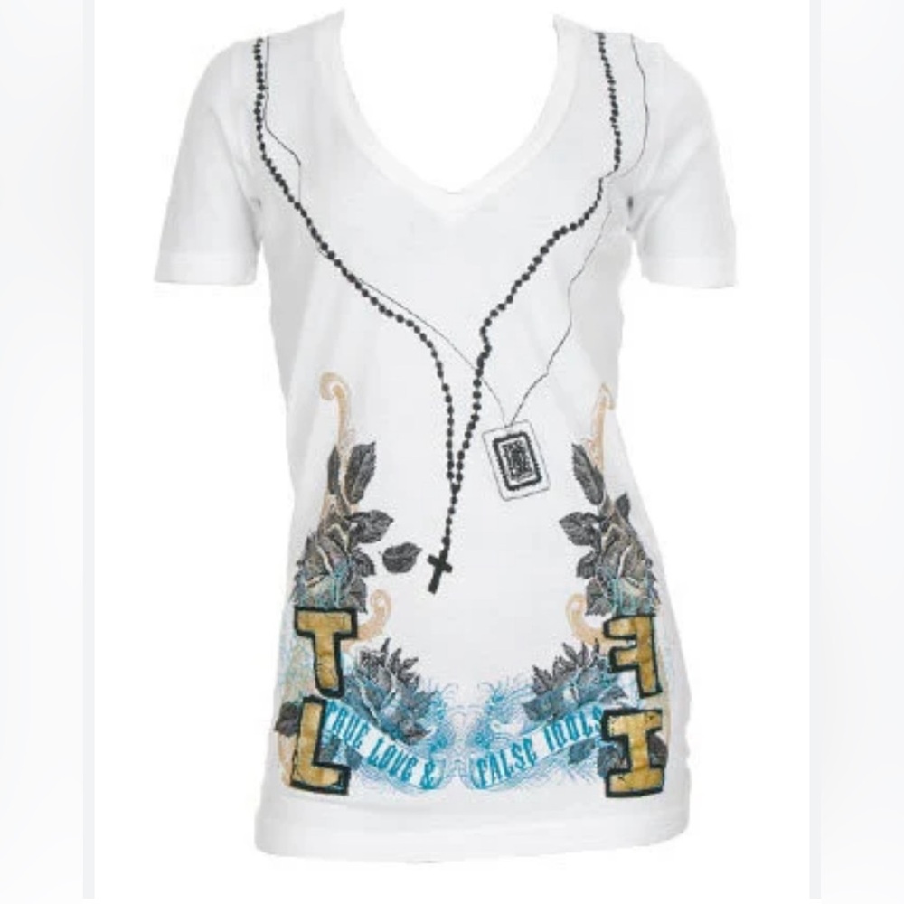 True Love & False Idols Mens TLFI Hail Mary White V-Neck Shirt NWT M